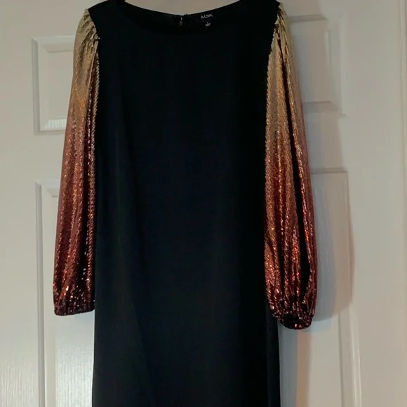 msk black and gold dress Adrianna Papell Metallic Lace Sheath Dress With Bell Sleeves main image 0
